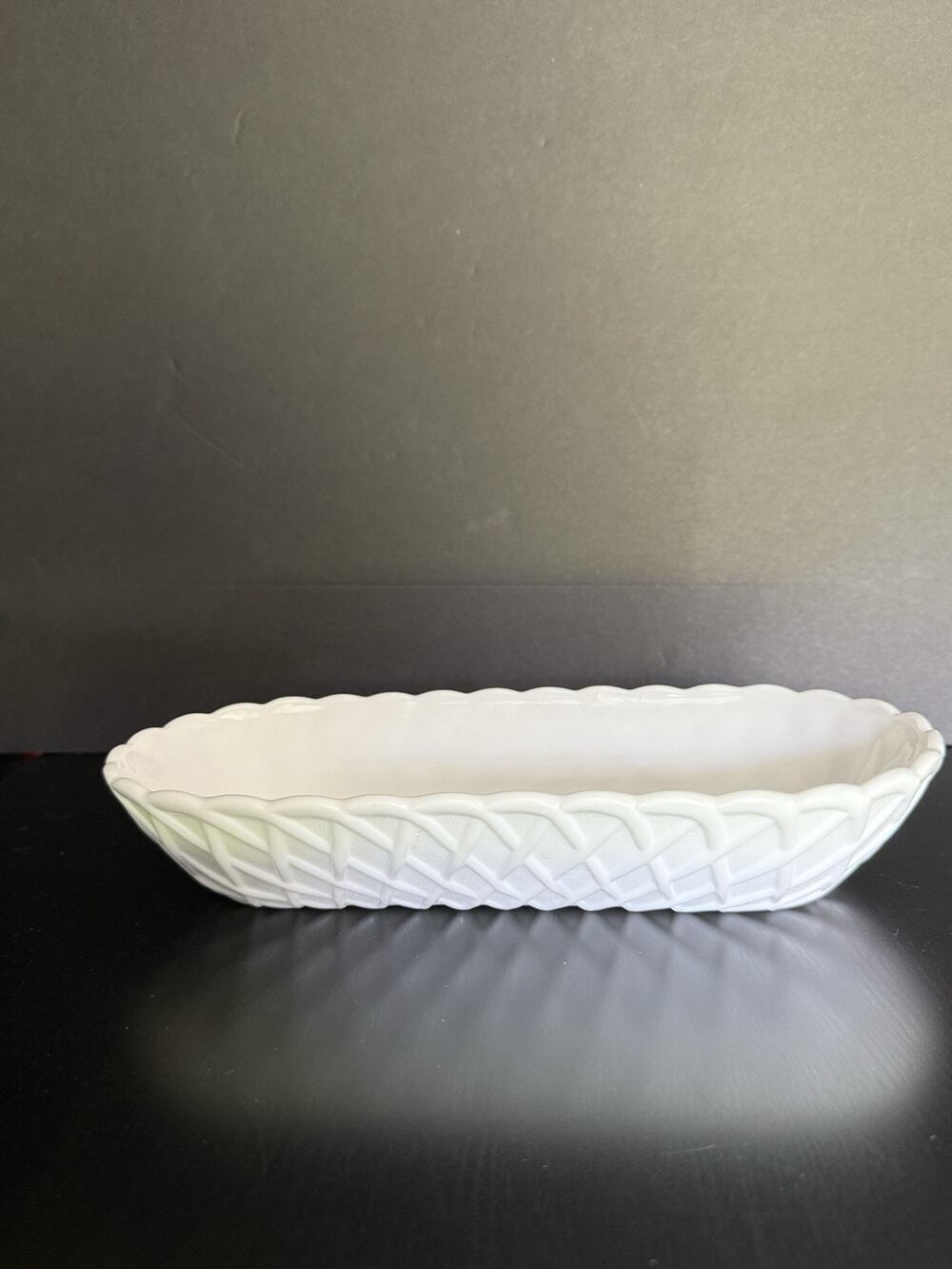 Vintage Indiana Glass Milk Glass Pretzel Pattern 10” Celery Relish Serving Dish